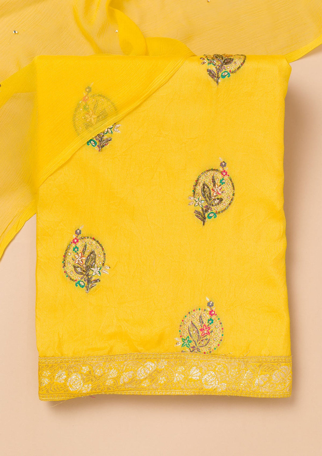 Yellow Threadwork Semi Crepe Unstitched Salwar Suit-Koskii