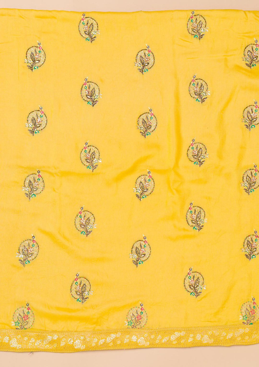 Yellow Threadwork Semi Crepe Unstitched Salwar Suit-Koskii