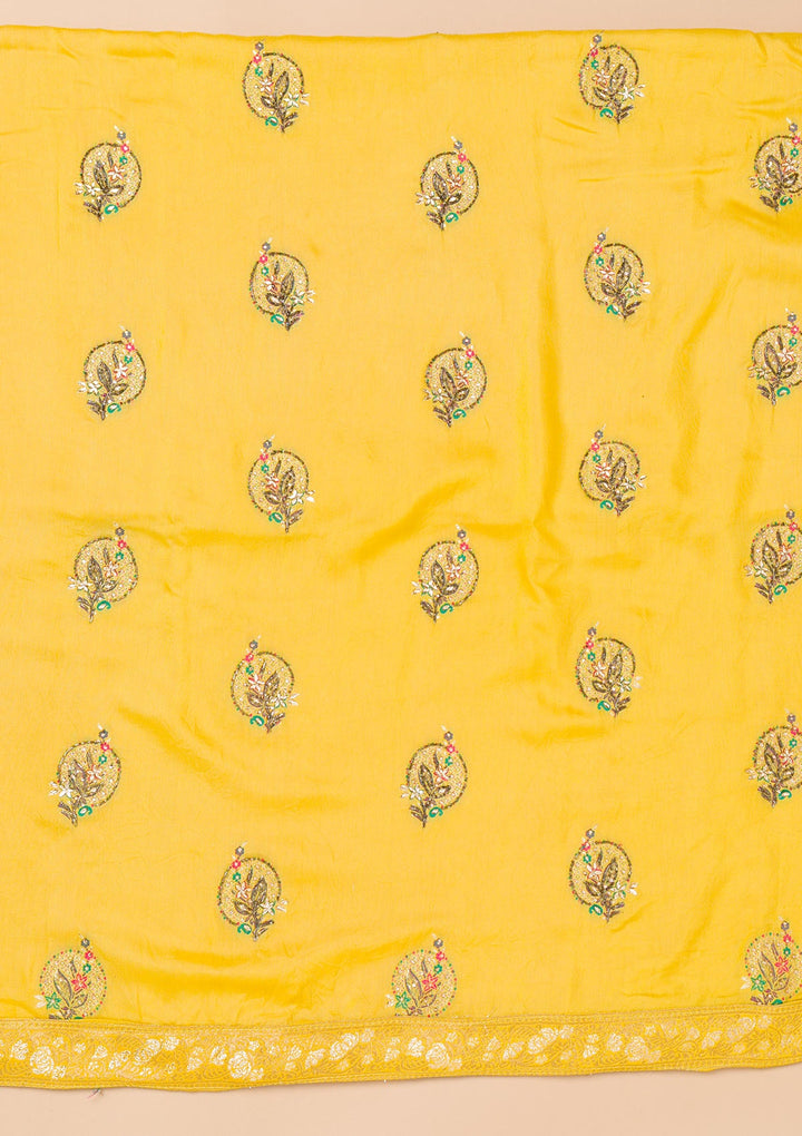 Yellow Threadwork Semi Crepe Unstitched Salwar Suit-Koskii