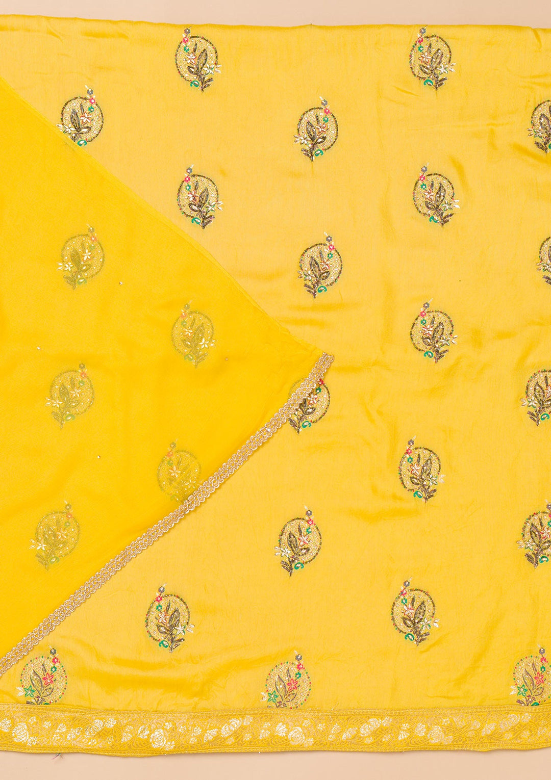 Yellow Threadwork Semi Crepe Unstitched Salwar Suit-Koskii
