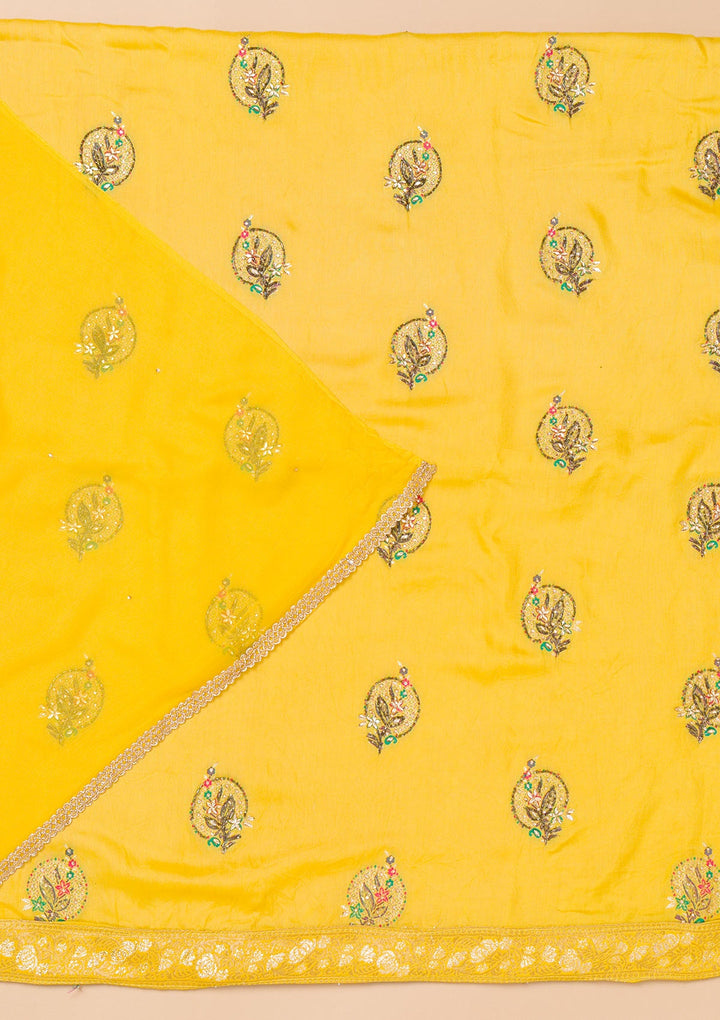 Yellow Threadwork Semi Crepe Unstitched Salwar Suit-Koskii