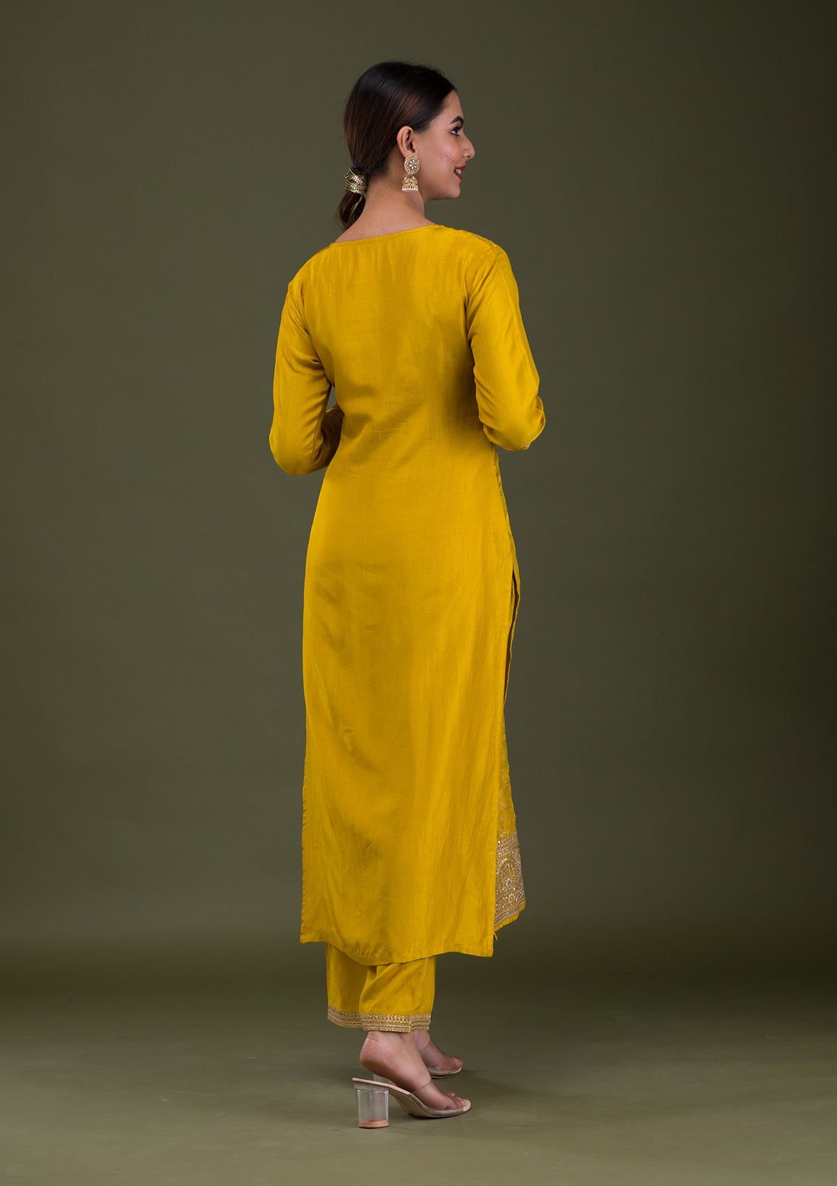 Mustard Zariwork Crepe Readymade Salwar Suit-Koskii