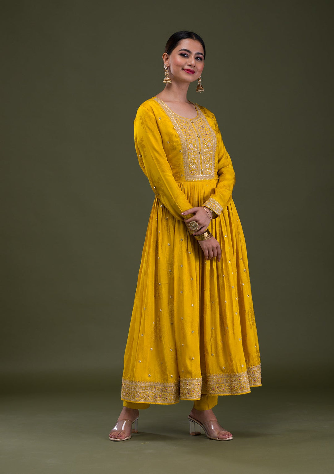 Mustard Zariwork Crepe Readymade Salwar Suit-Koskii