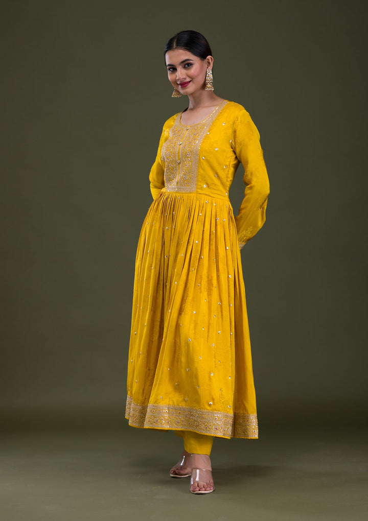 Mustard Zariwork Crepe Readymade Salwar Suit-Koskii