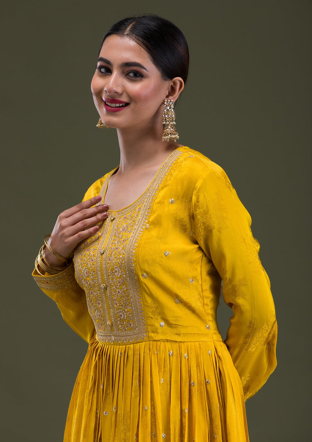 Mustard Zariwork Crepe Readymade Salwar Suit-Koskii
