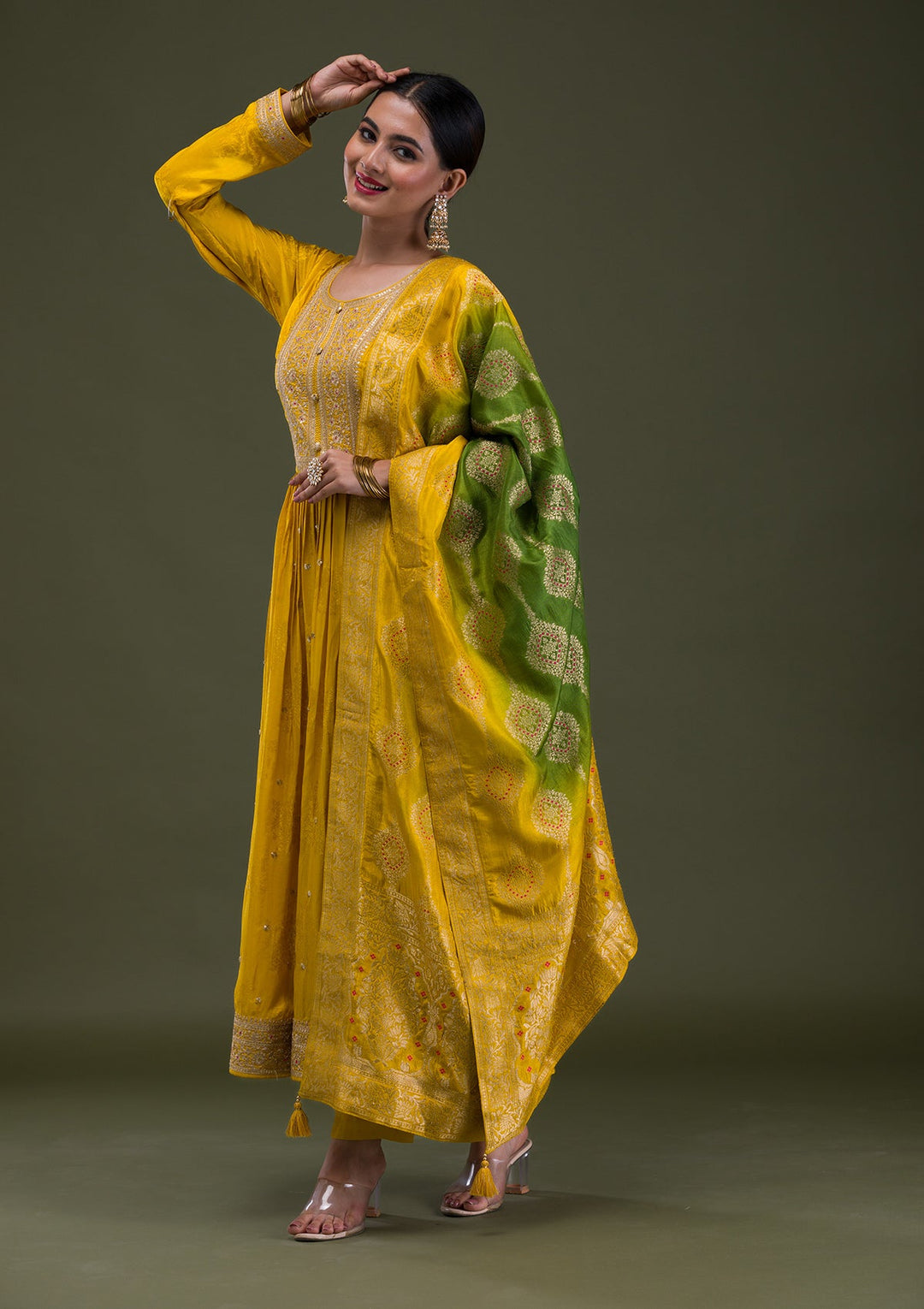 Mustard Zariwork Crepe Readymade Salwar Suit-Koskii