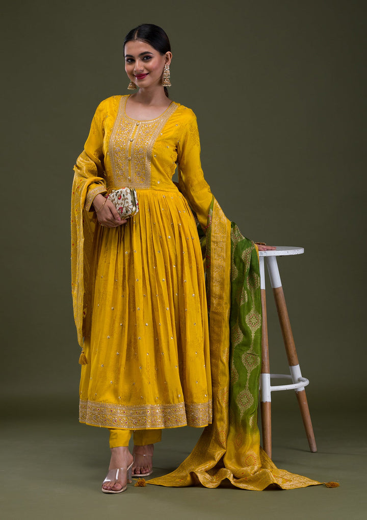 Mustard Zariwork Crepe Readymade Salwar Suit-Koskii