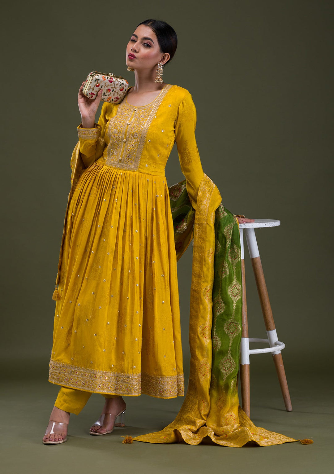 Mustard Zariwork Crepe Readymade Salwar Suit-Koskii
