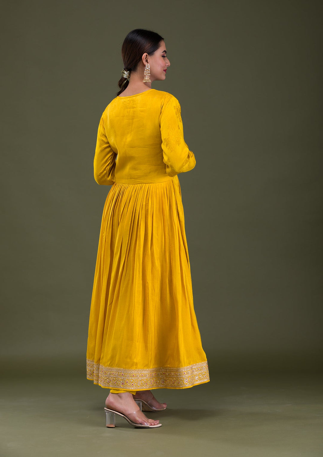 Mustard Zariwork Crepe Readymade Salwar Suit-Koskii