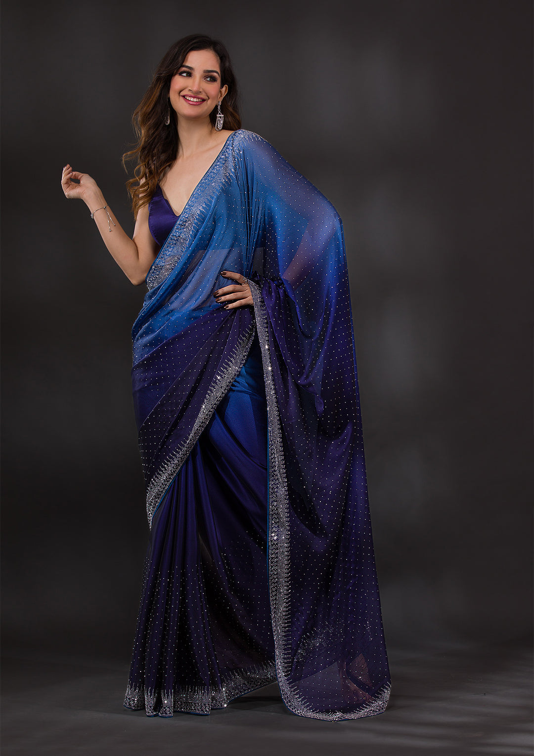 Navy Blue Swarovski Semi Crepe Designer Saree-Koskii