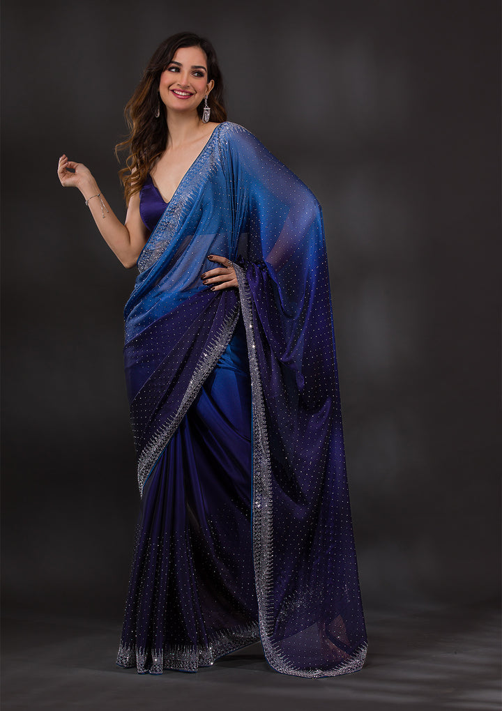 Navy Blue Swarovski Semi Crepe Designer Saree-Koskii