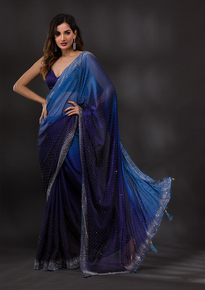 Navy Blue Swarovski Semi Crepe Designer Saree-Koskii