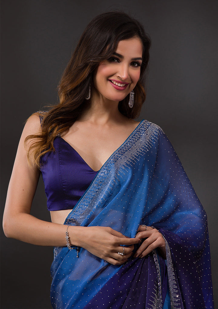 Navy Blue Swarovski Semi Crepe Designer Saree-Koskii