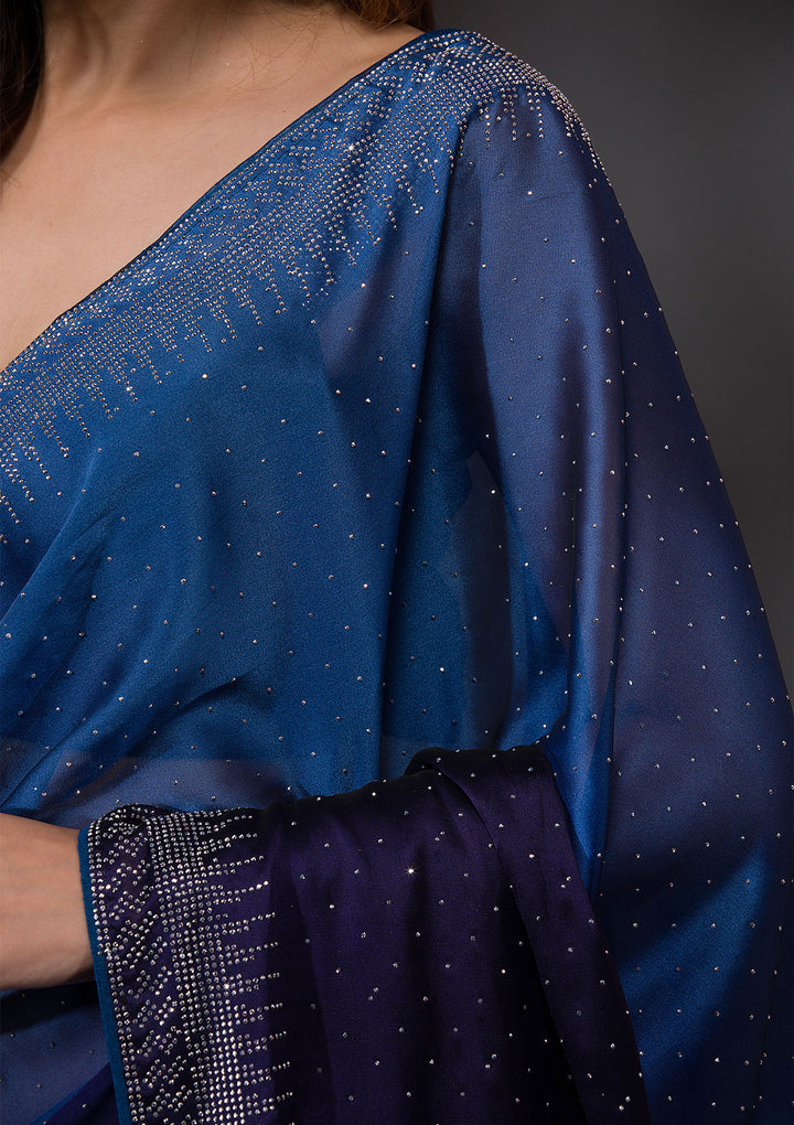 Navy Blue Swarovski Semi Crepe Designer Saree-Koskii