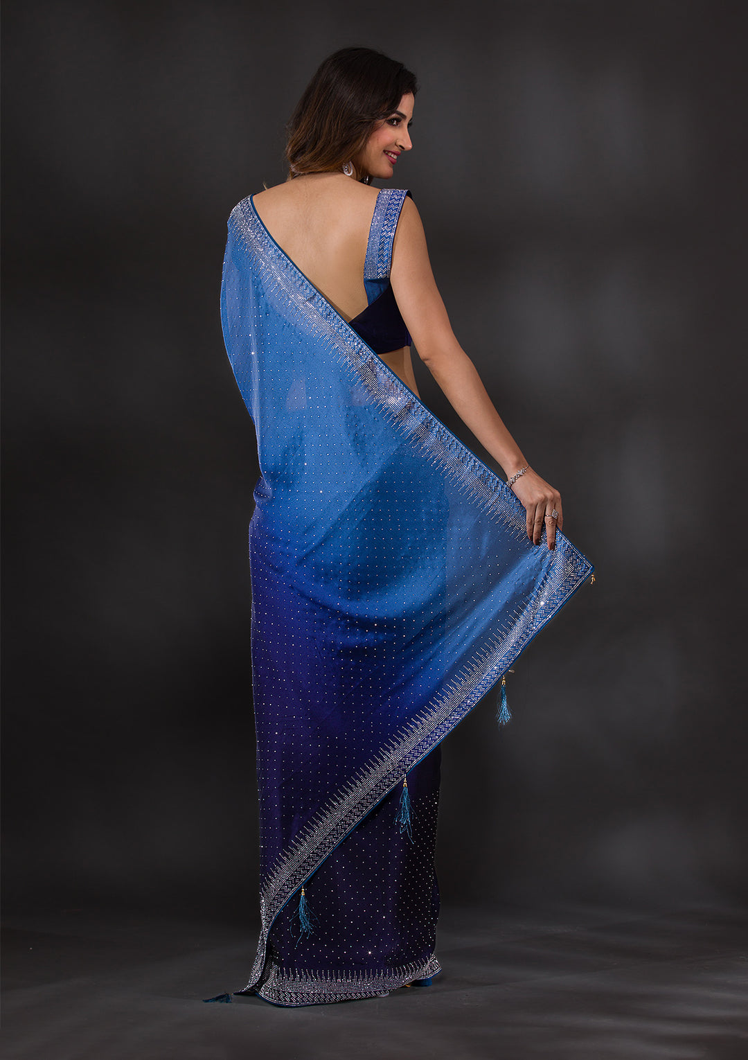 Navy Blue Swarovski Semi Crepe Designer Saree-Koskii
