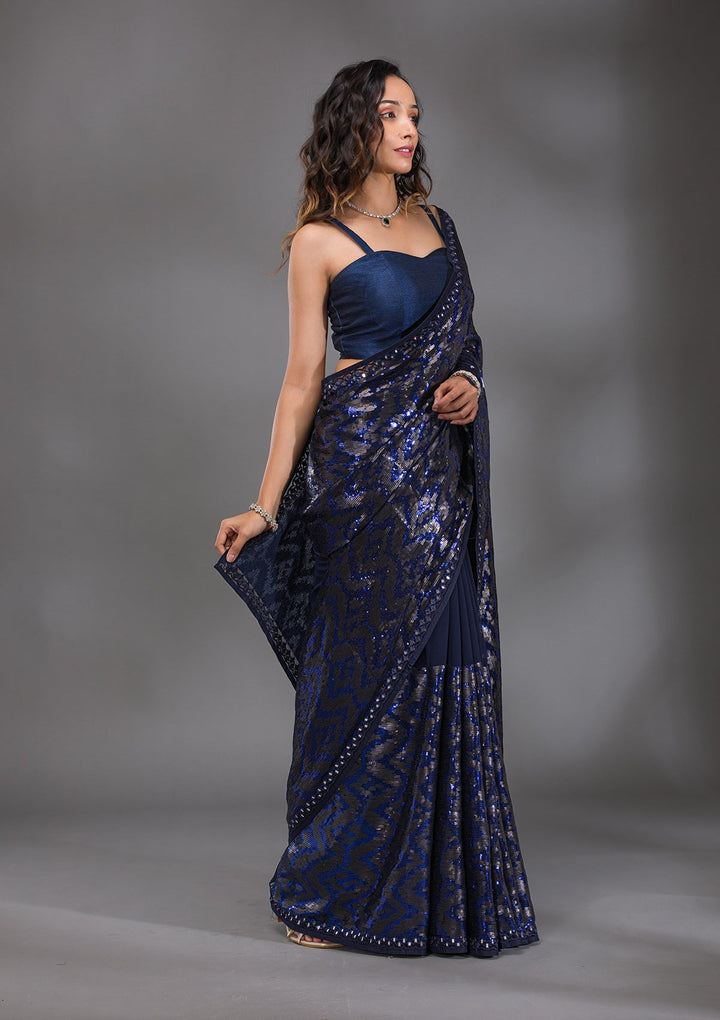 Navy Blue Sequins Georgette Saree-Koskii