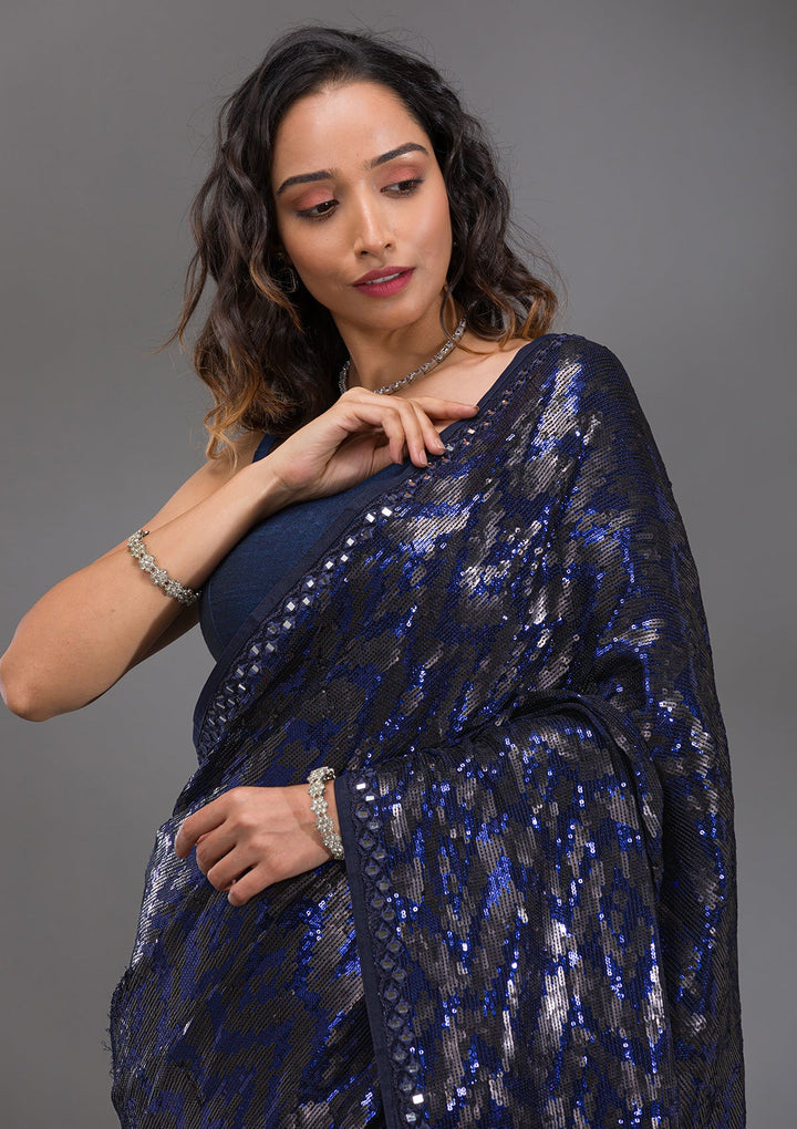 Navy Blue Sequins Georgette Saree-Koskii