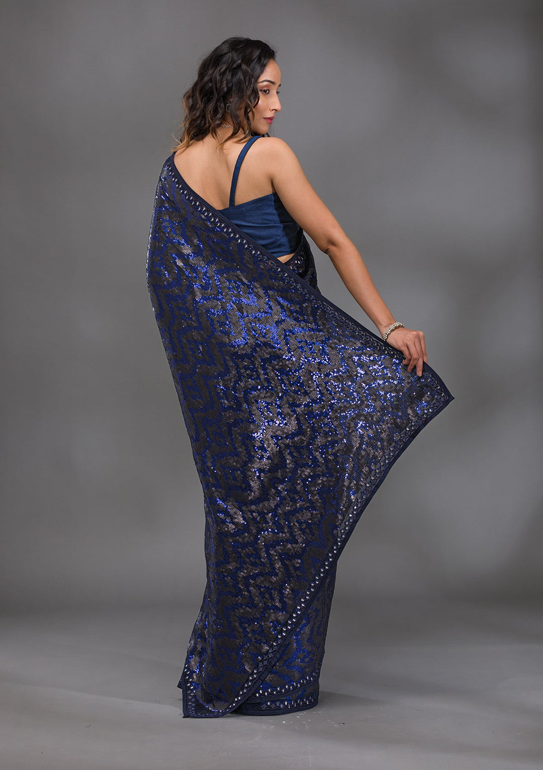 Navy Blue Sequins Georgette Saree-Koskii