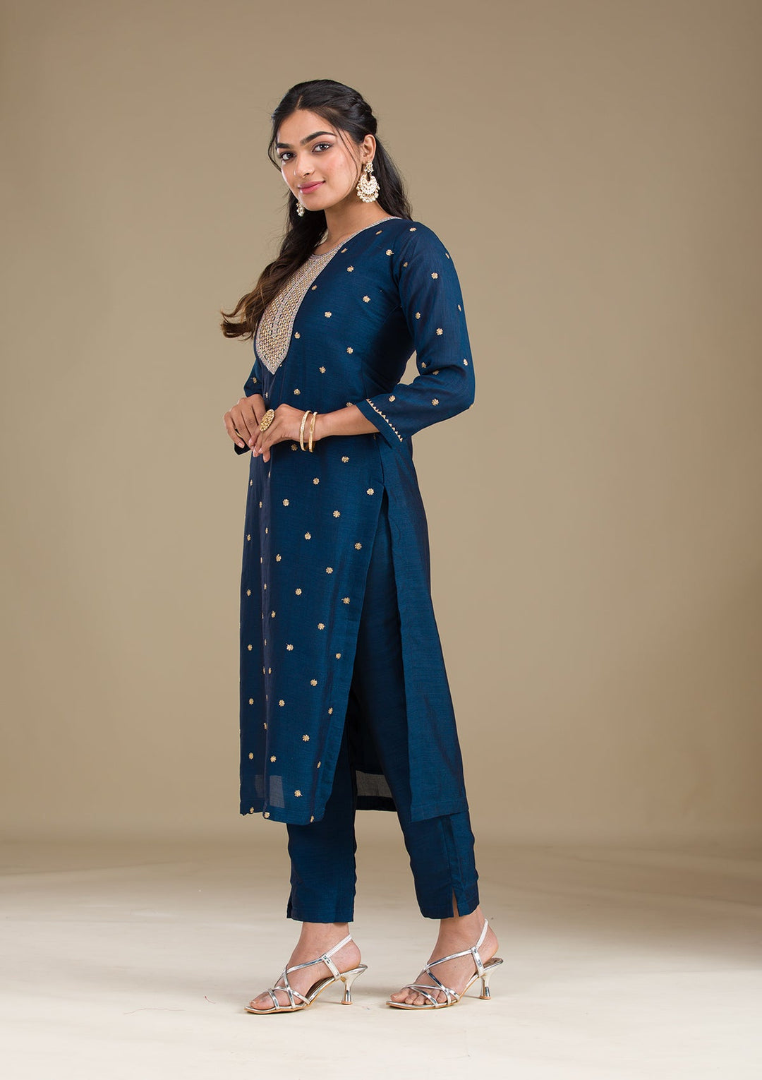 Navy Blue Zariwork Art Silk Readymade Salwar Suit-Koskii