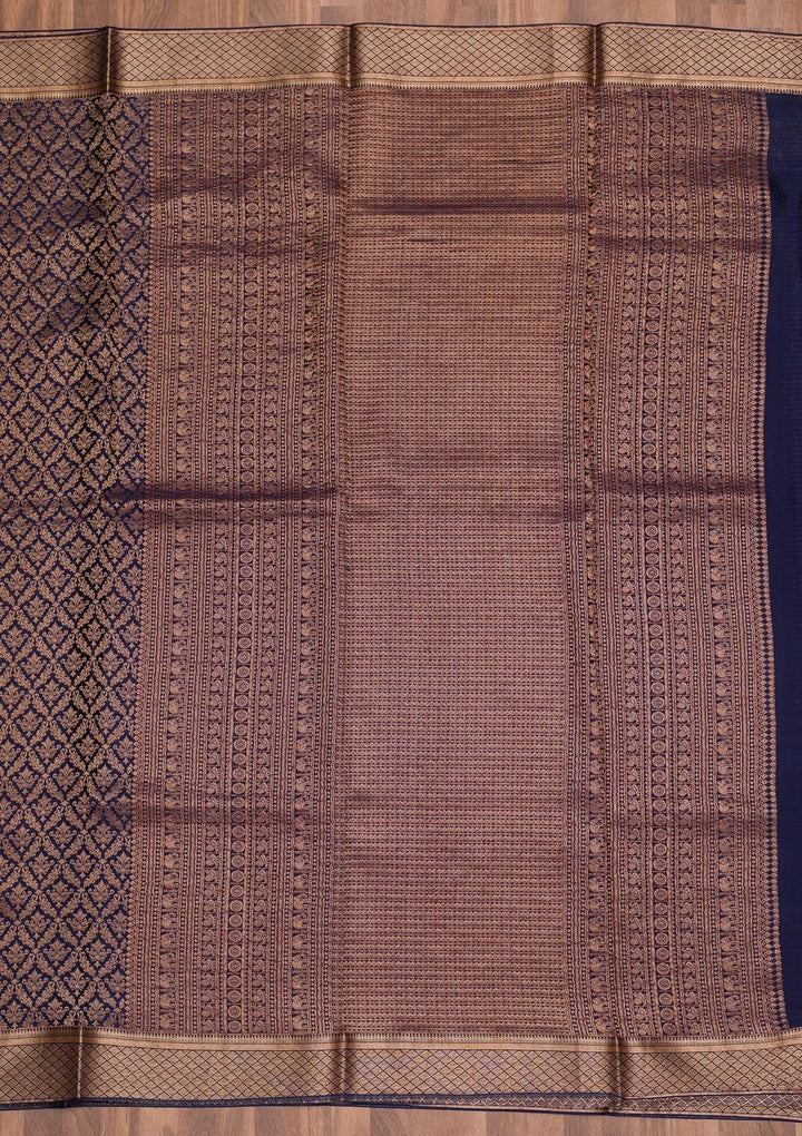Navy Blue Zariwork Pure Silk Saree-Koskii