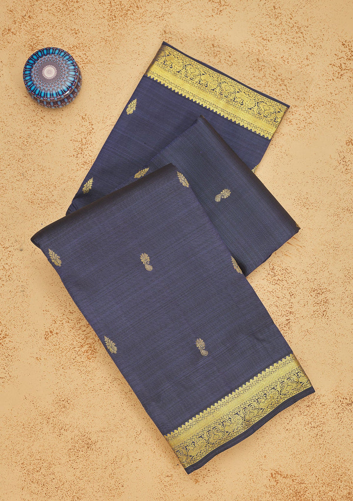 Navy Blue Zariwork Pure Silk Saree-Koskii