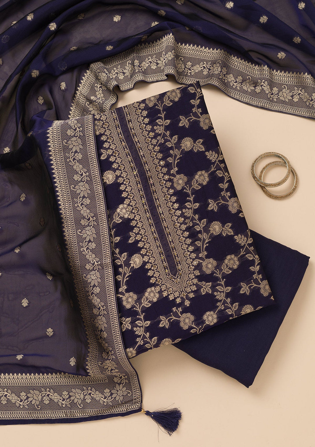 Navy Blue Zariwork Satin Unstitched Salwar Suit-Koskii