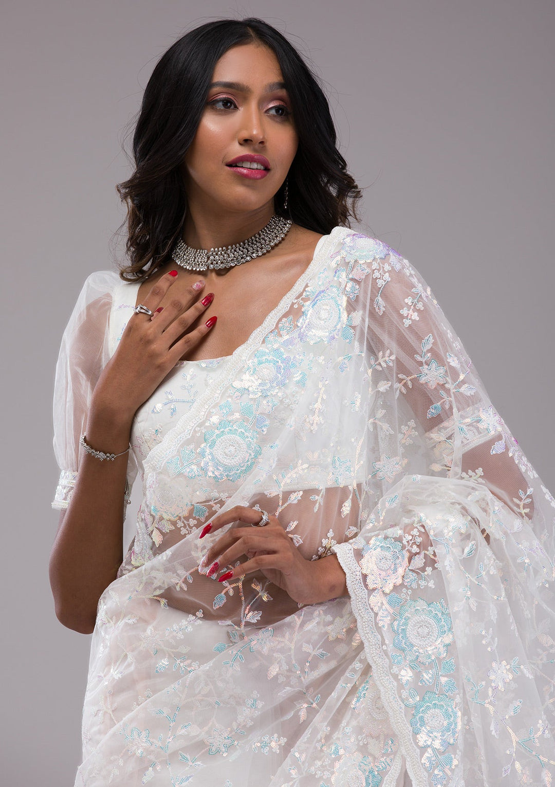 Off White Sequins Tissue Saree-Koskii
