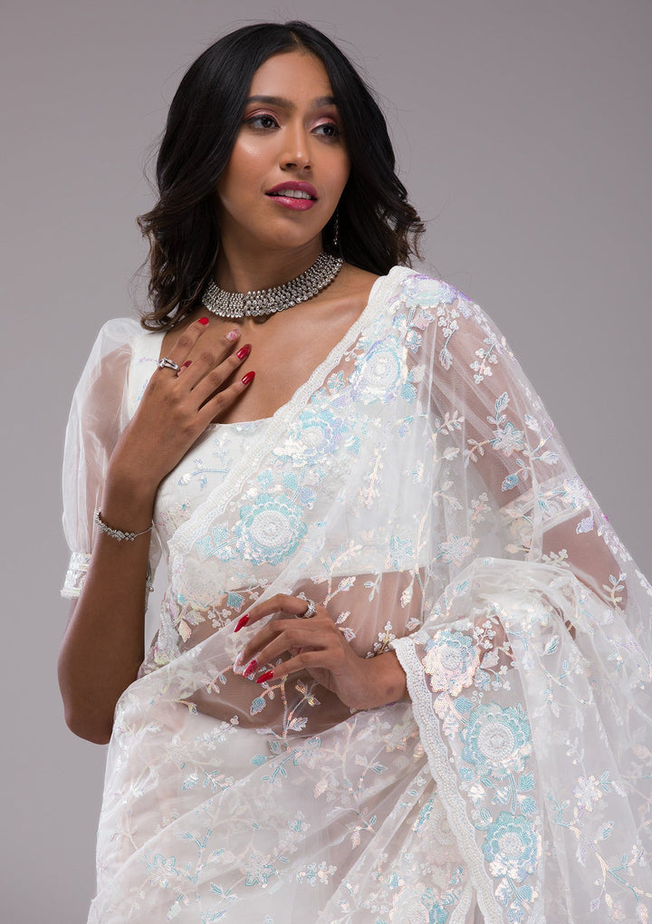 Off White Sequins Tissue Saree-Koskii