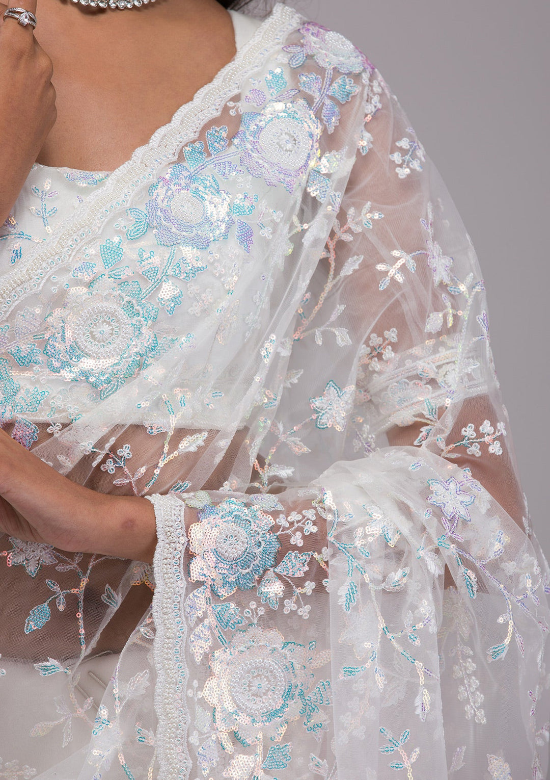 Off White Sequins Tissue Saree-Koskii