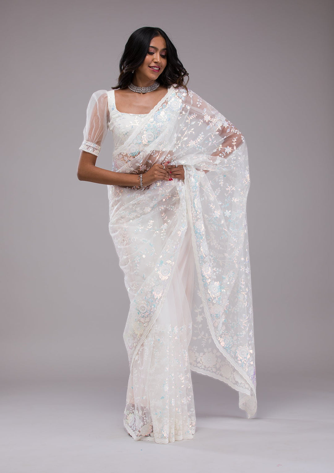 Off White Sequins Tissue Saree-Koskii