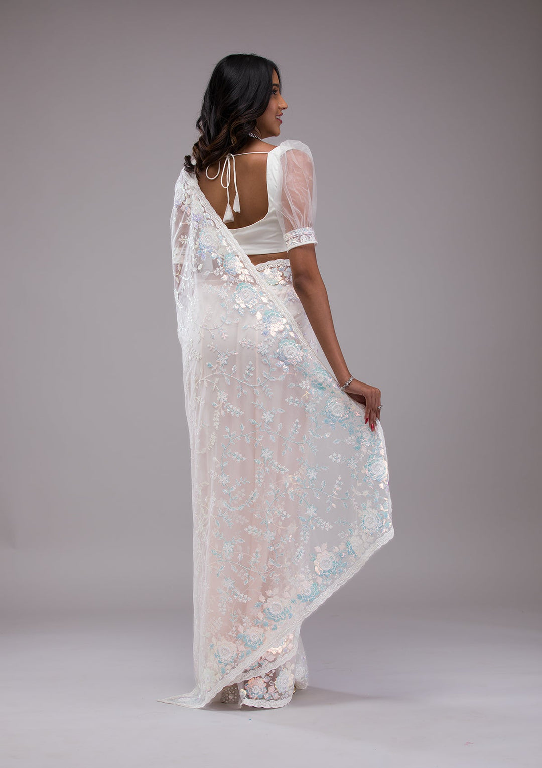 Off White Sequins Tissue Saree-Koskii
