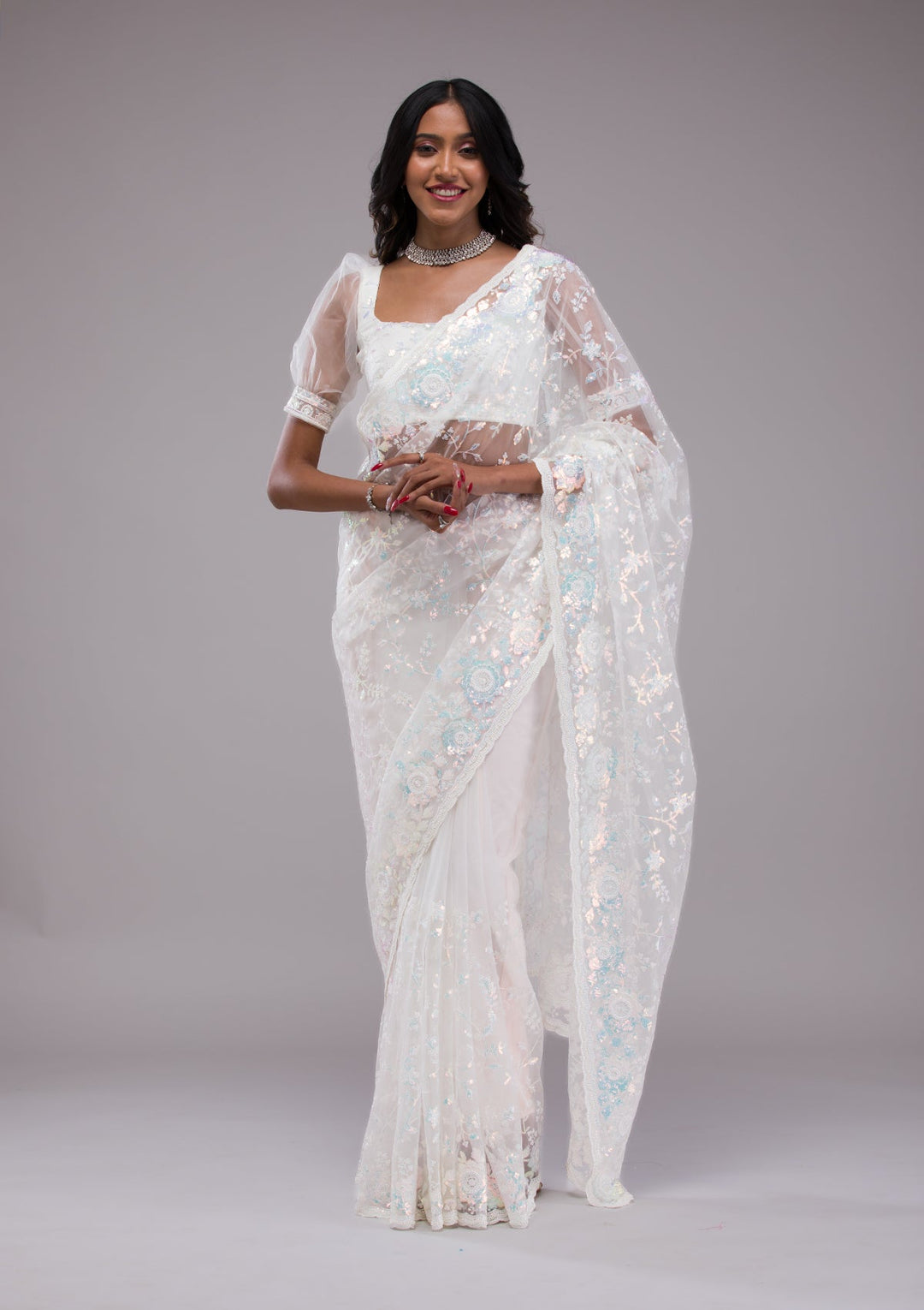 Off White Sequins Tissue Saree-Koskii