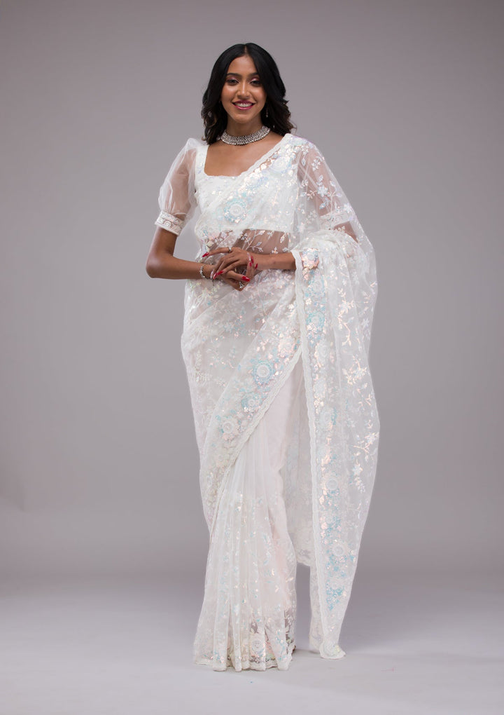 Off White Sequins Tissue Saree-Koskii