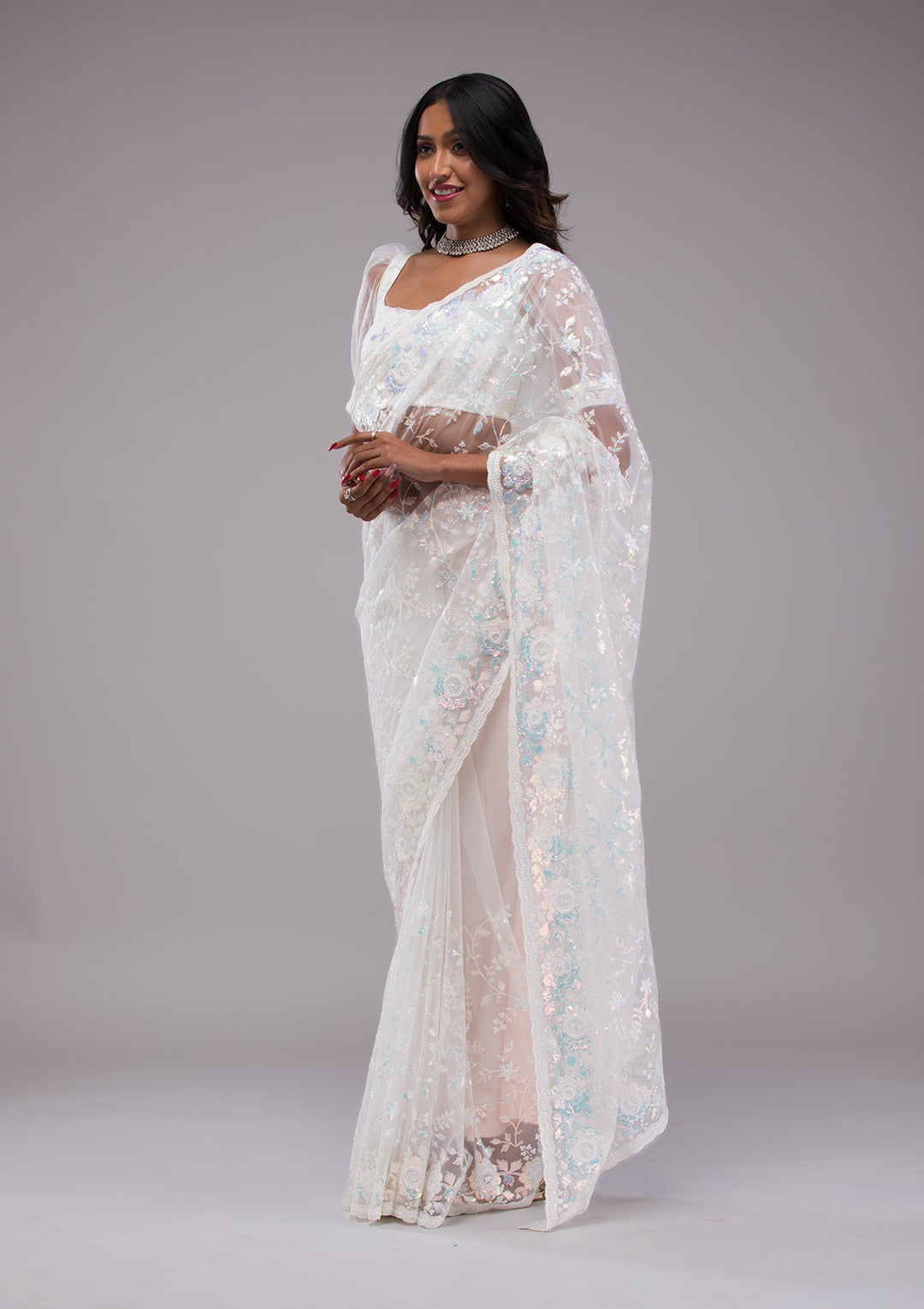 Off White Sequins Tissue Saree-Koskii