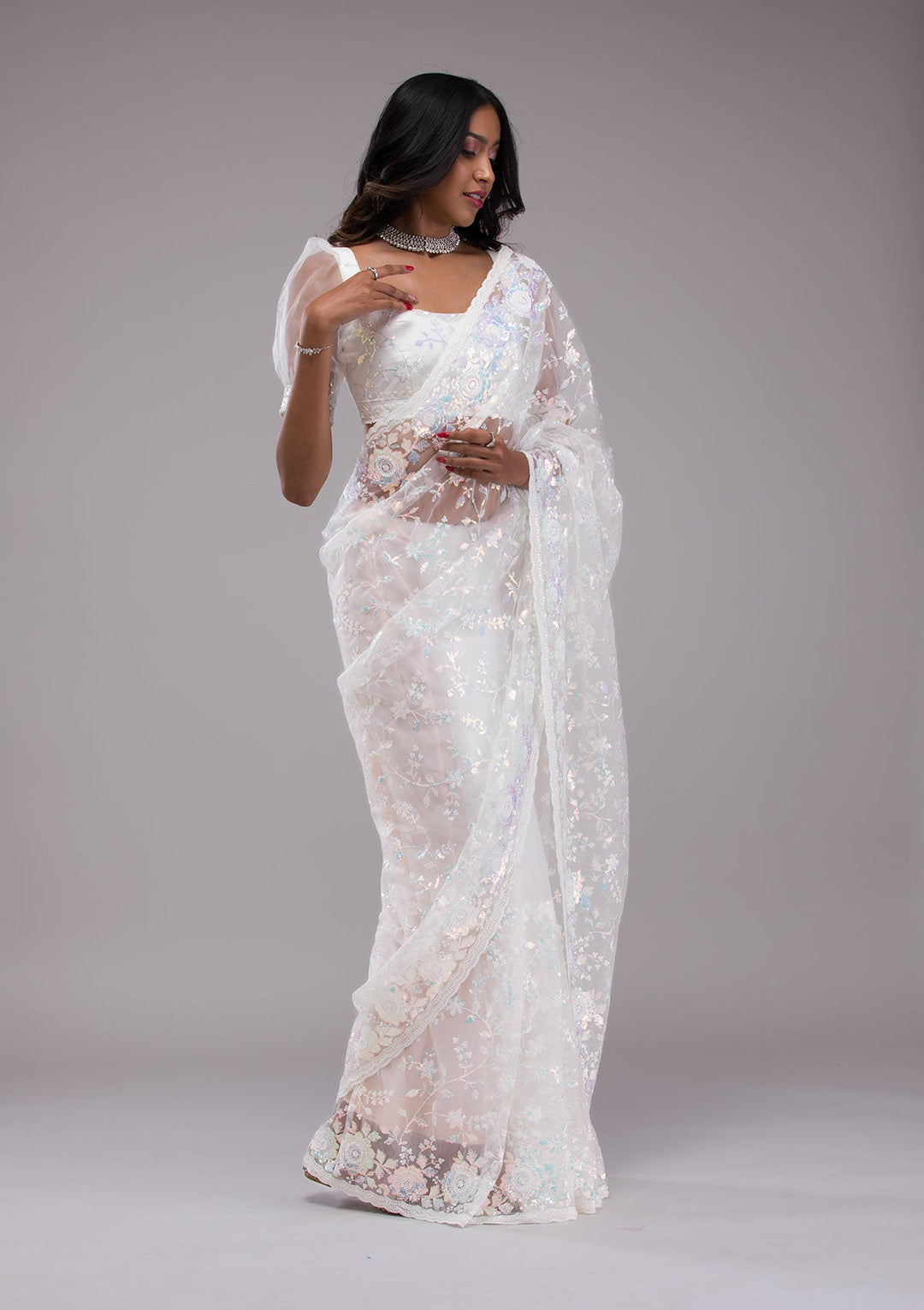 Off White Sequins Tissue Saree-Koskii