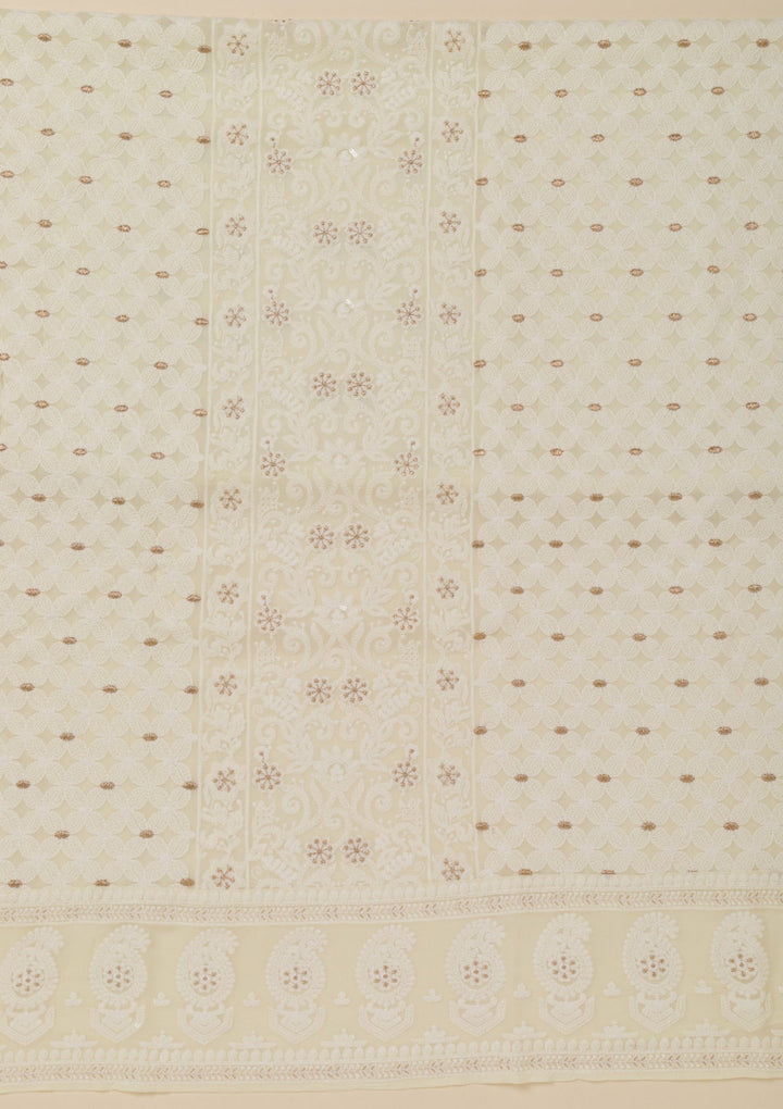 Off White Threadwork Georgette Unstitched Salwar Suit-Koskii