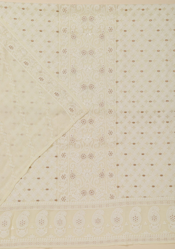 Off White Threadwork Georgette Unstitched Salwar Suit-Koskii