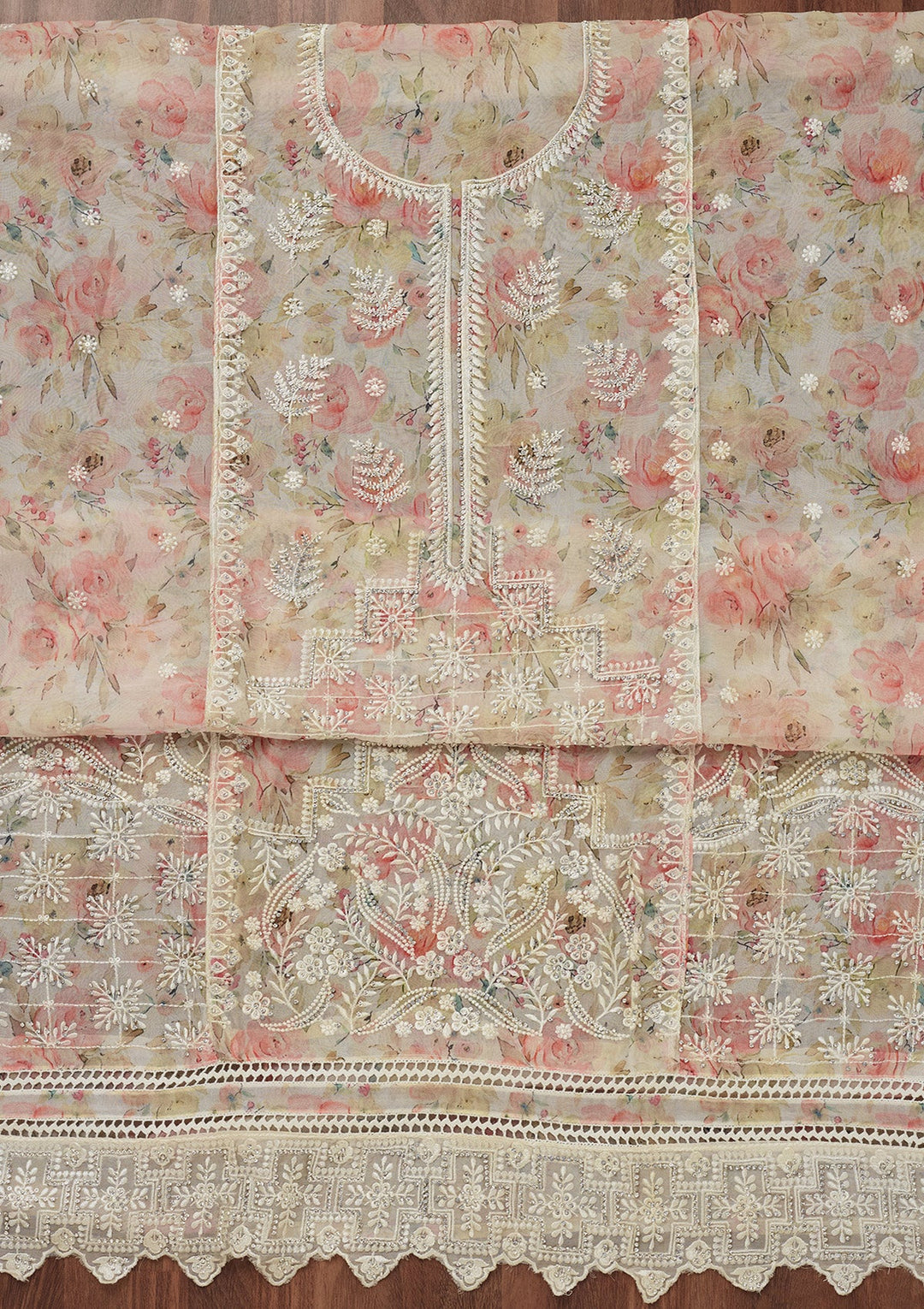 Off White Threadwork Georgette Unstitched Salwar Suit-Koskii