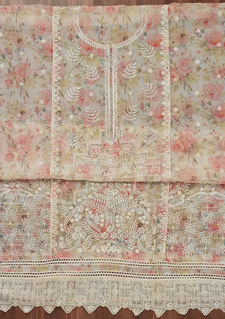 Off White Threadwork Georgette Unstitched Salwar Suit-Koskii