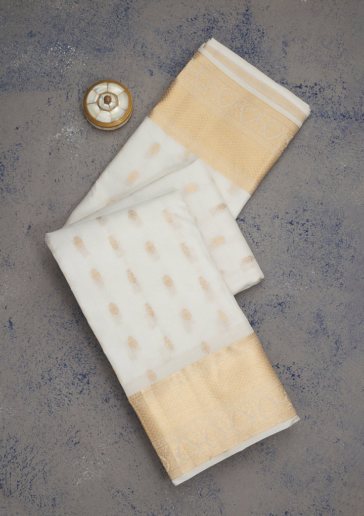 Off White Zariwork Pure Silk Saree-Koskii