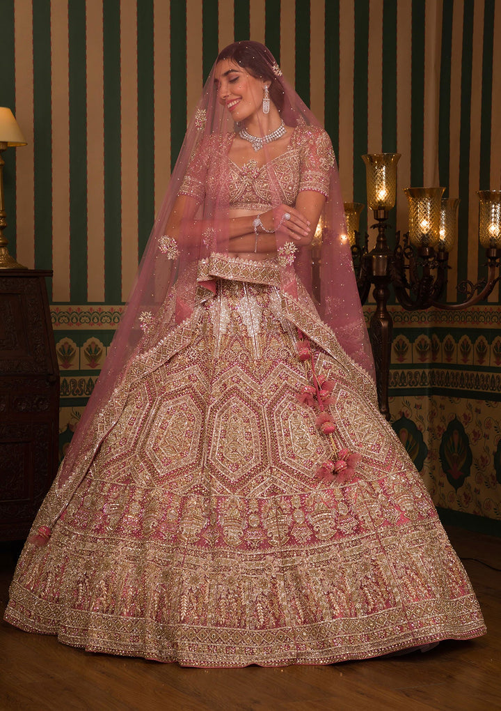 Onion Pink Stonework Net Readymade Lehenga-Koskii