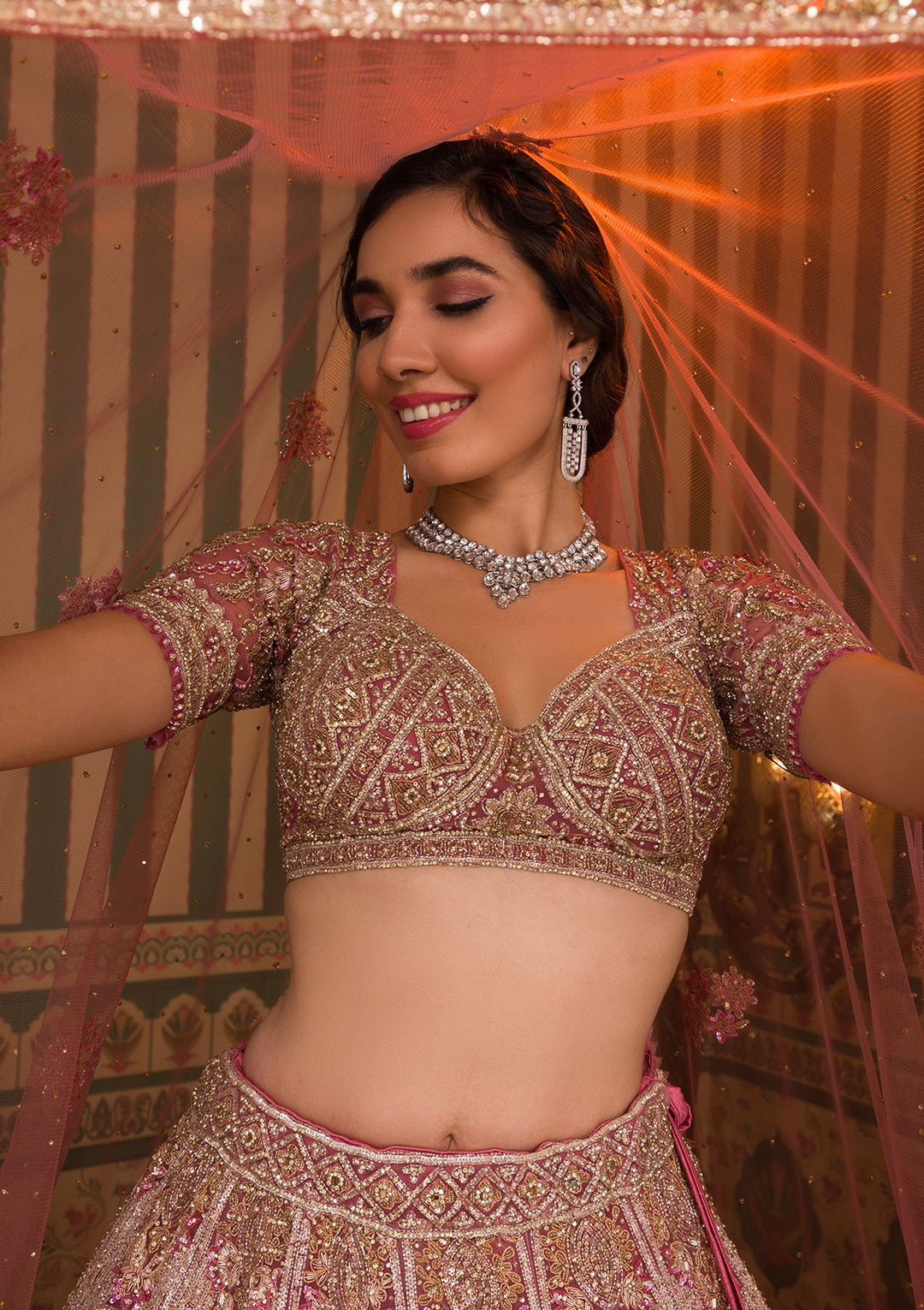 Onion Pink Stonework Net Readymade Lehenga-Koskii