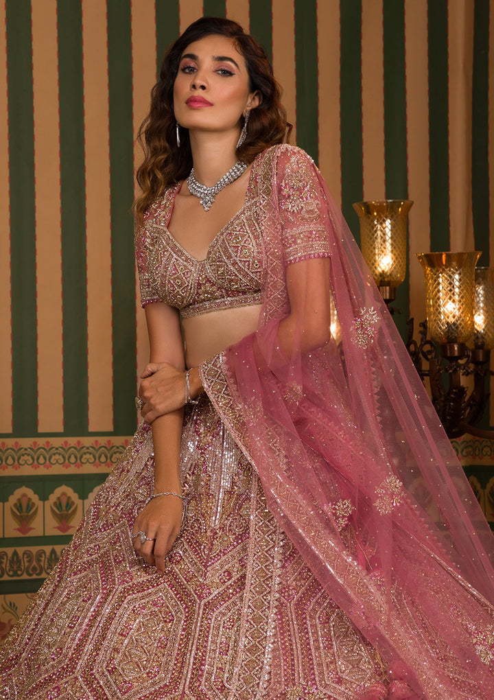 Onion Pink Stonework Net Readymade Lehenga-Koskii