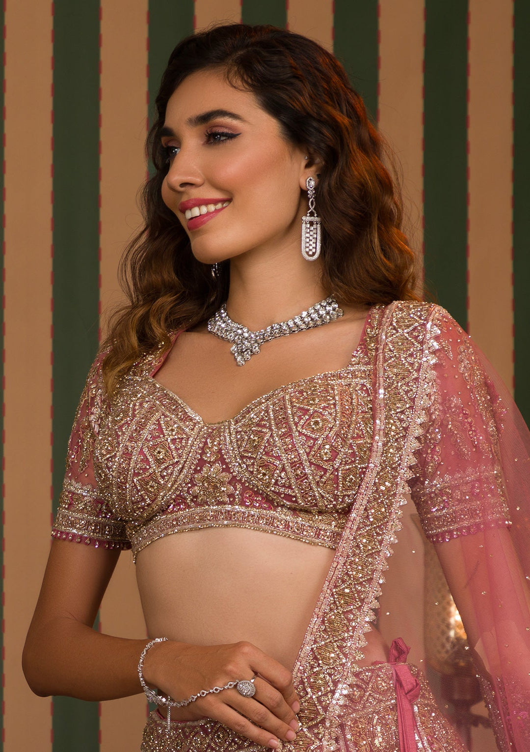 Onion Pink Stonework Net Readymade Lehenga-Koskii