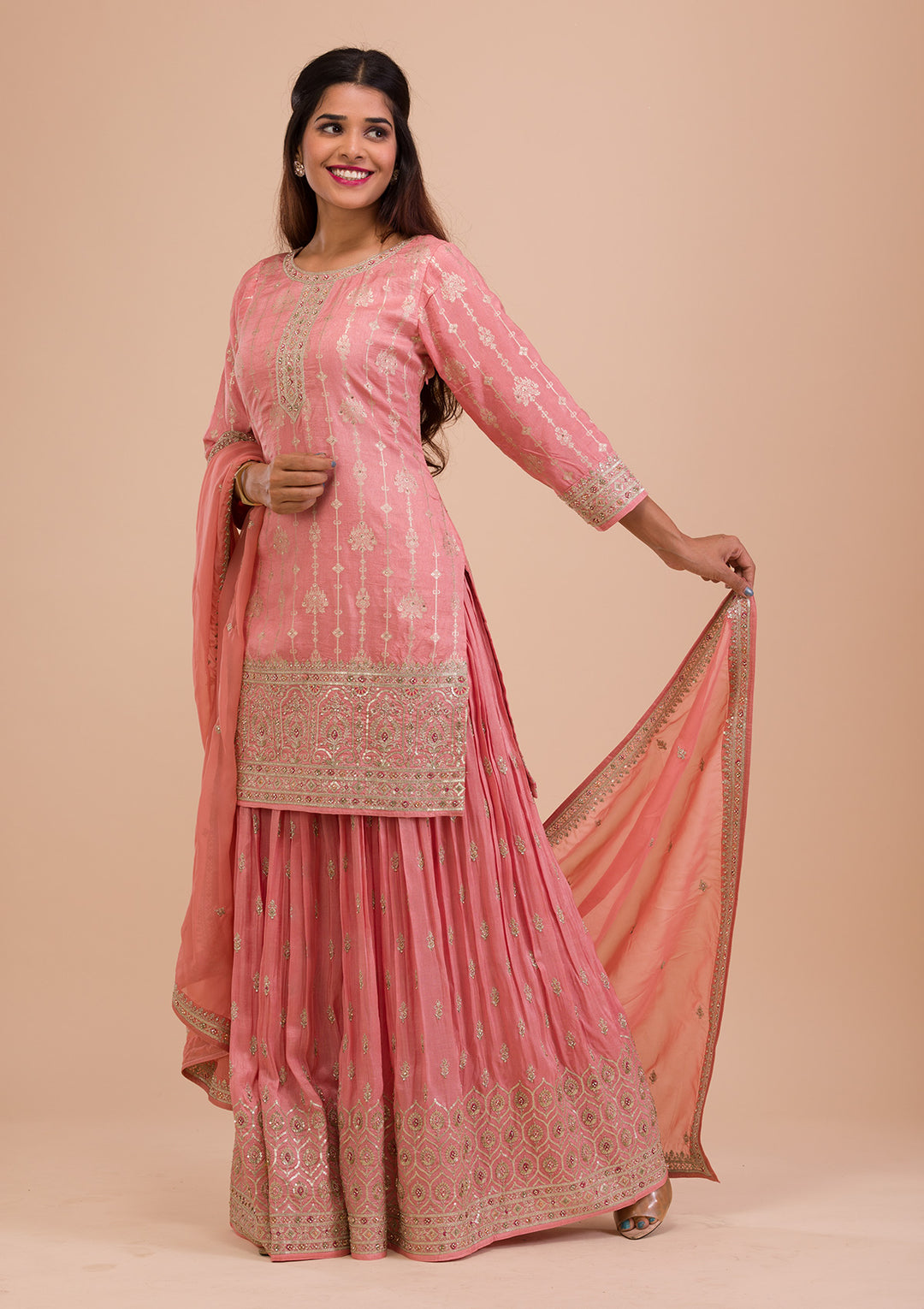 Onion Pink Zariwork Art Silk Readymade Salwar Kameez-Koskii