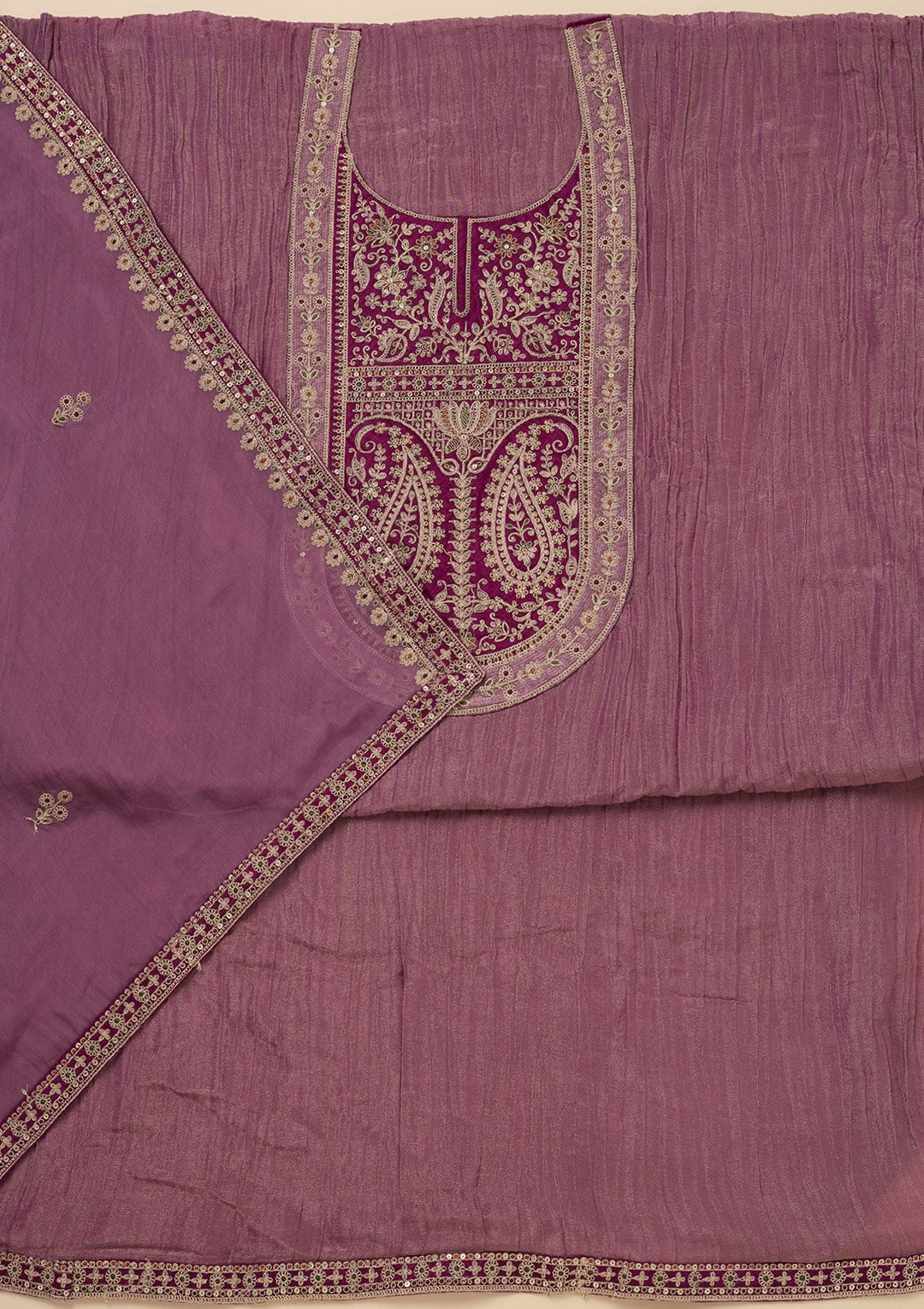 Onion Pink Zariwork Tissue Unstitched Salwar Suit-Koskii