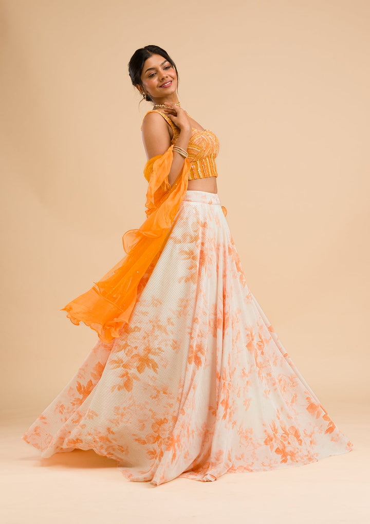 Orange Cutdana Lycra Readymade Lehenga-Koskii