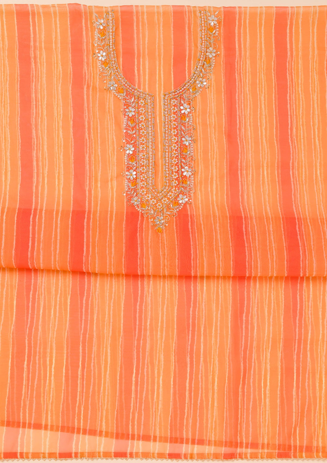 Orange Printed Organza Unstitched Salwar Suit-Koskii