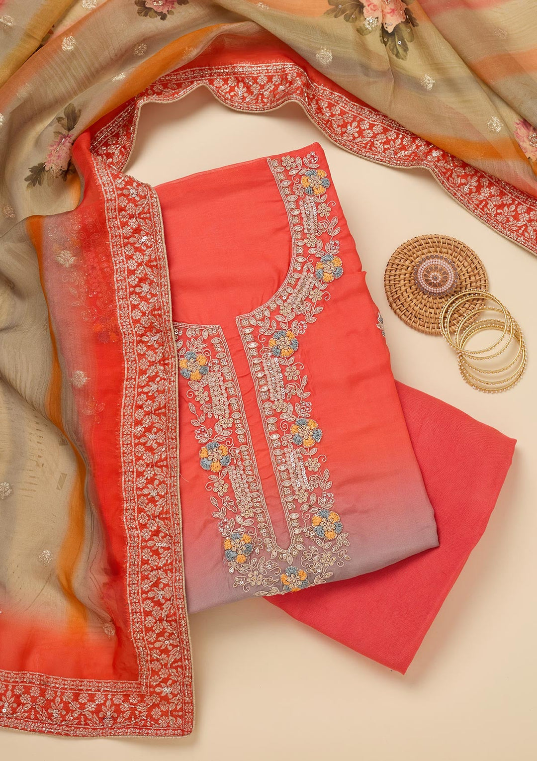 Orange Stonework Semi Crepe Unstitched Salwar Suit-Koskii