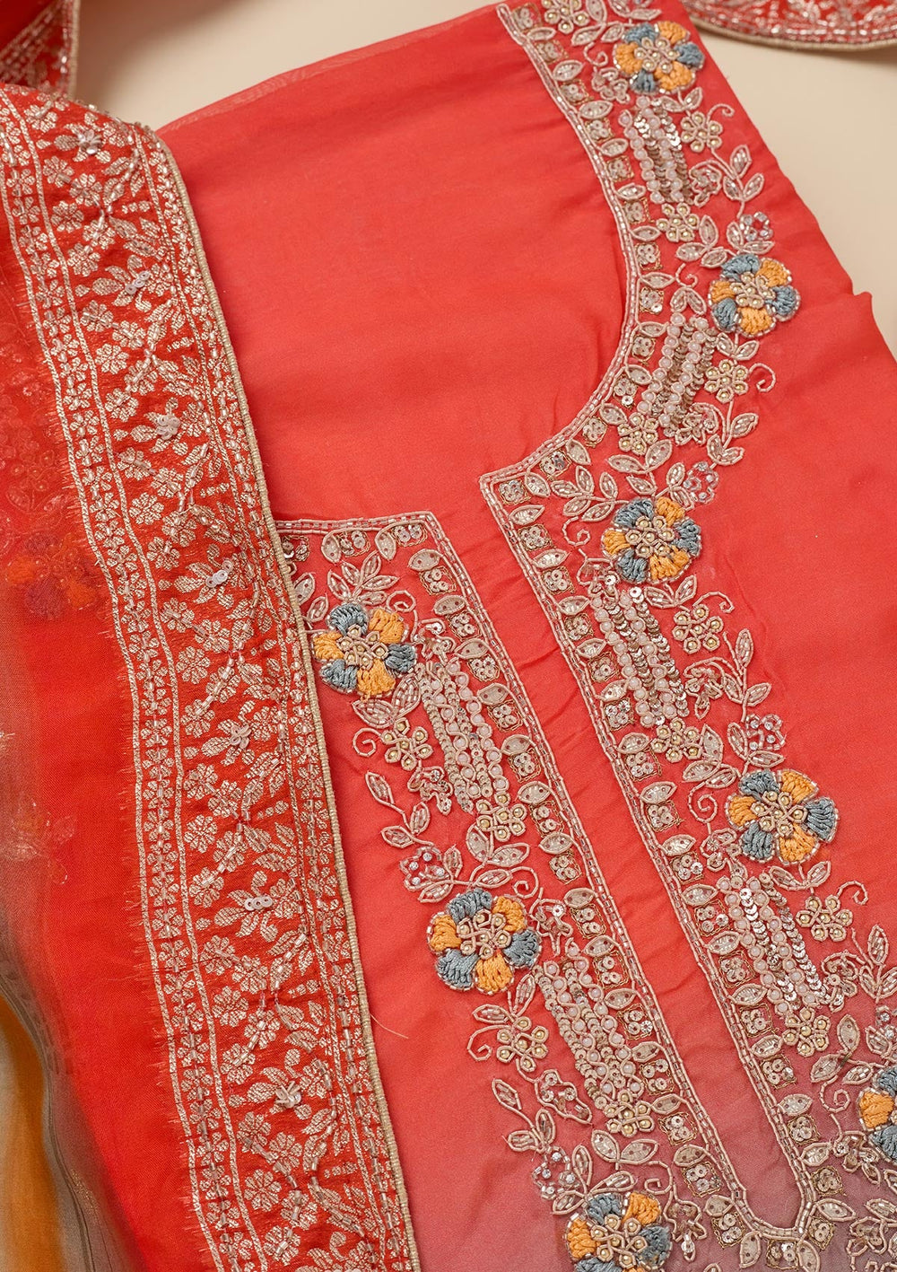 Orange Stonework Semi Crepe Unstitched Salwar Suit-Koskii